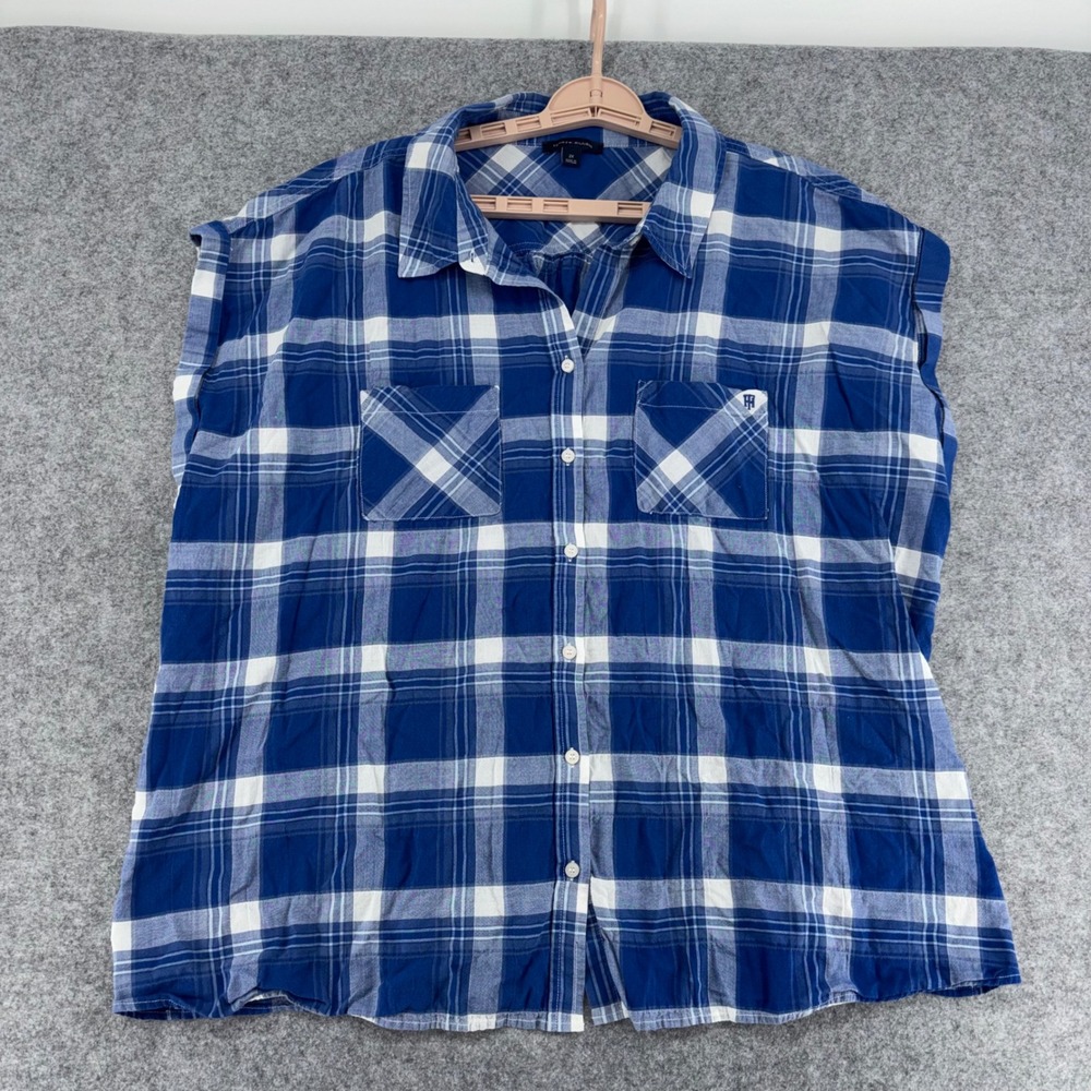 Tommy Hilfiger Womens 2X Blue White Plaid Sleeveless Button Down Shirt Top